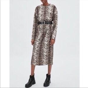 NWT Zara Animal Print Long Sleeve Midi Dress, Small